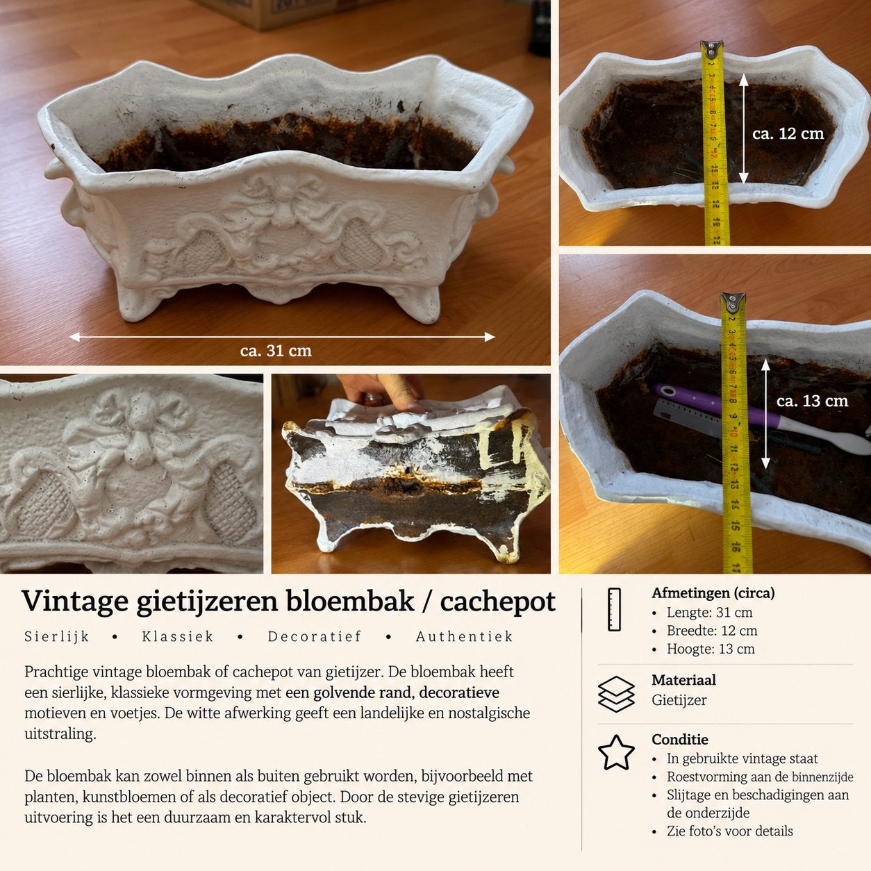 Vintage Gietijzeren Bloembak met Sierlijke Ornamenten, Ophalen of Verzenden