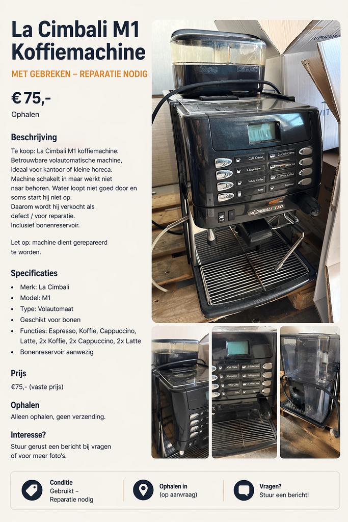 La Cimbali M1 Koffiemachine - Reparatie nodig, Ophalen, Niet werkend, Koffiemachine, Koffiebonen