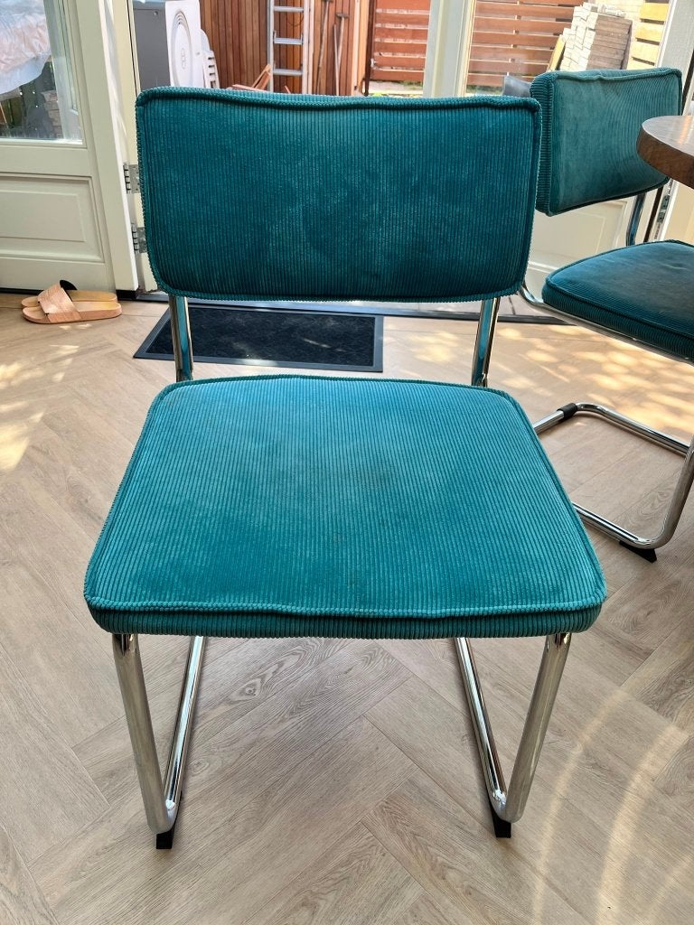Set van 6 eetkamer stoelen rib turquoise, Gebruikt, Overige kleuren, Metaal, Vijf, Zes of meer stoelen