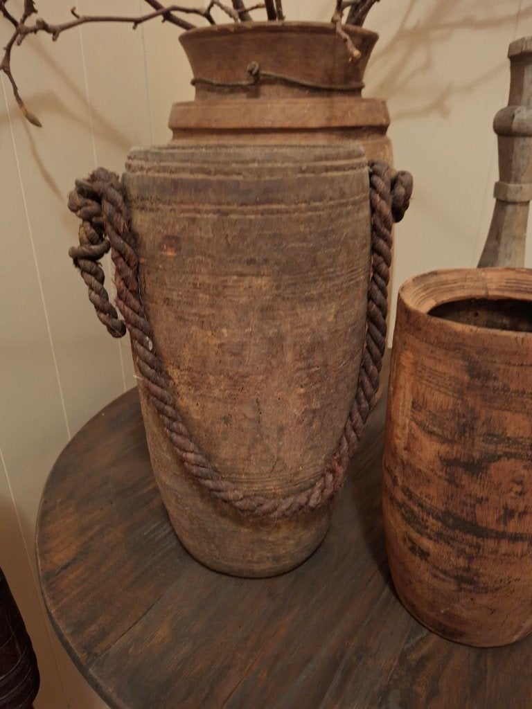 Grote kruik met touw 36 cm hoog, Hout, Ophalen of Verzenden, Bruin, Landelijk