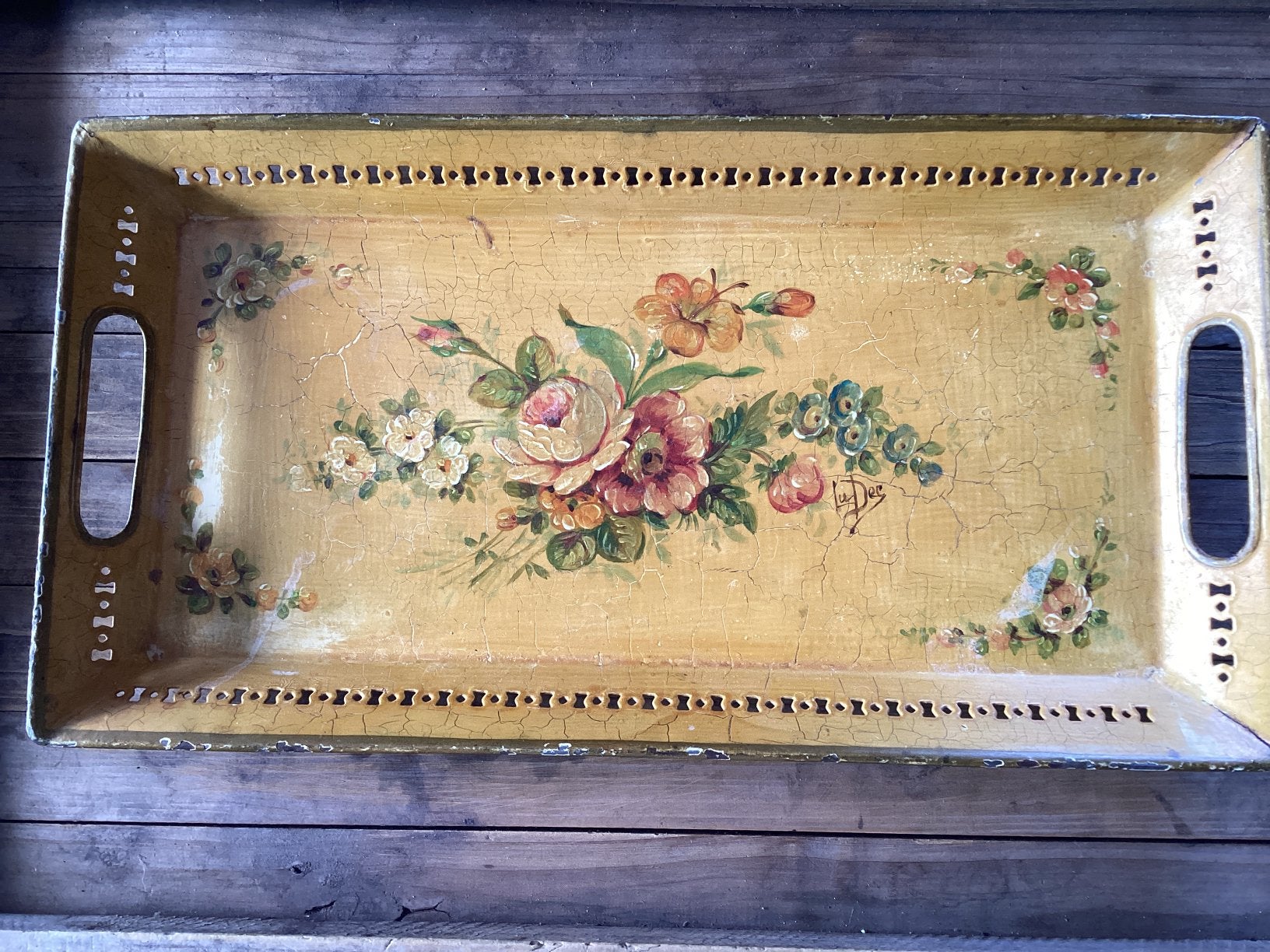 Oud ijzeren dienblad met prachtige handbeschilderde bloemen, Ophalen of Verzenden, Zo goed als nieuw, Metaal