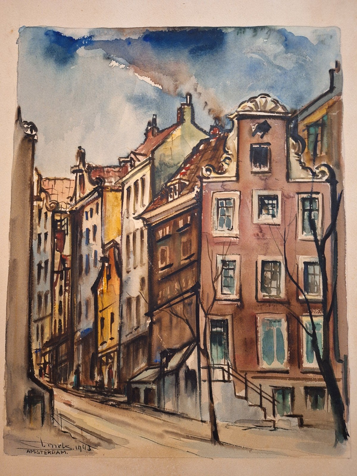 Aquarel Amsterdam van Mels - Stadsgezicht 1943, Antiek en Kunst, Origineel werk, Ophalen of Verzenden, Aquarel, Papier