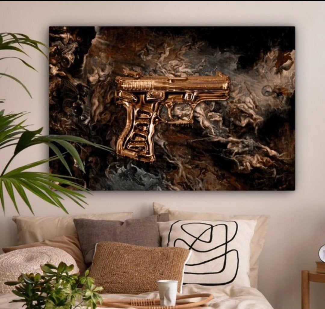 Modern Schilderij: Gouden Pistool - 180x120 CM, Antiek en Kunst, Overig onderwerp, Print, Overige materialen, Ophalen