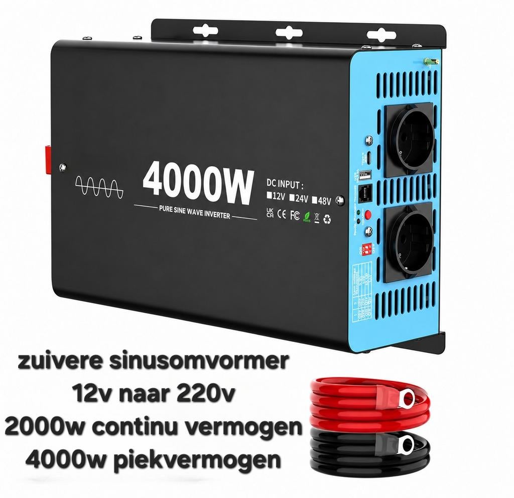 4000W Zuivere Sinus Omvormer 12V naar 230V + Kabels, Ophalen of Verzenden