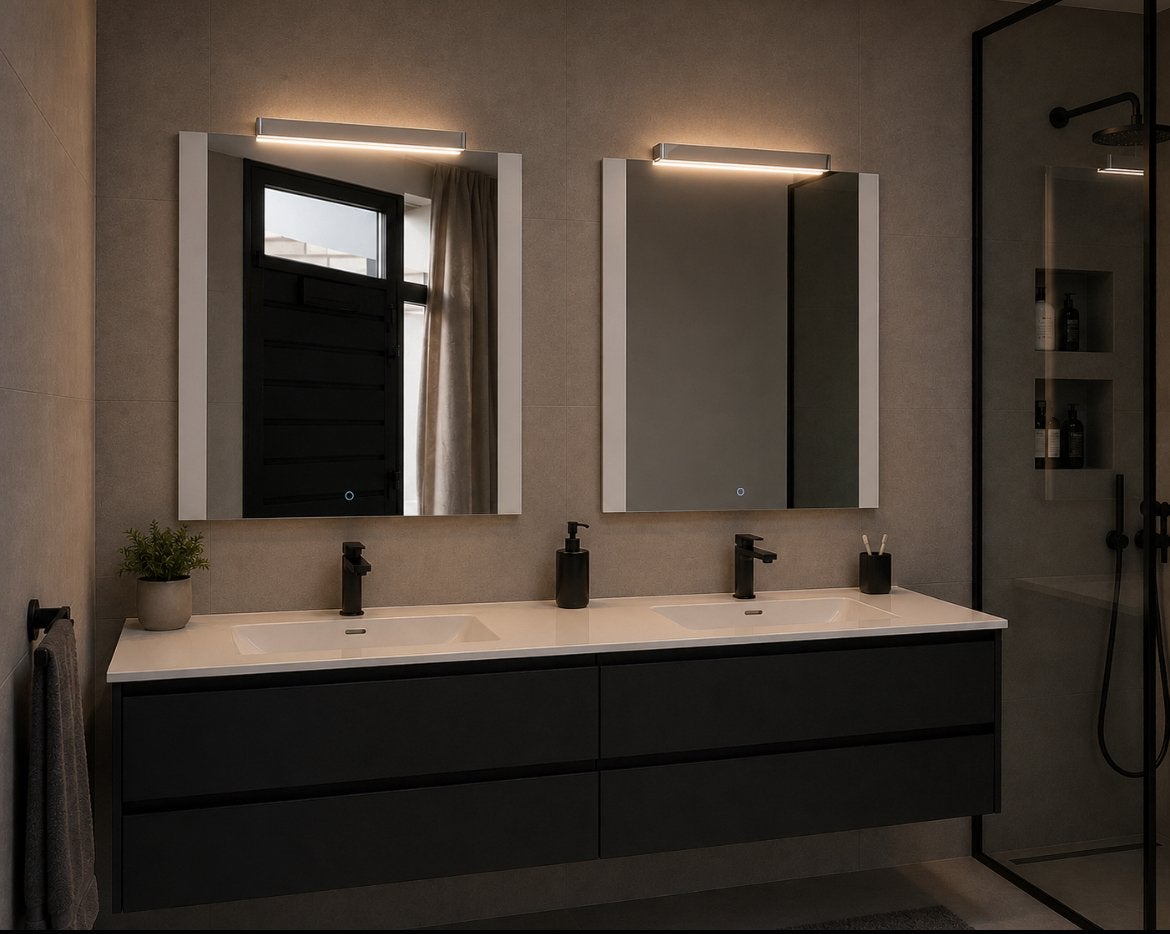 2 badkamer spiegels met LED verlichting en bevestigingsmater, Ophalen, Zo goed als nieuw, Minder dan 100 cm, Rechthoekig