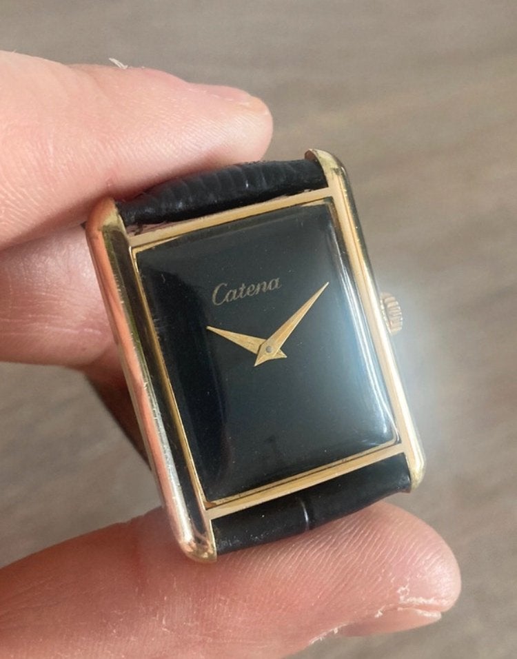 Catena tank stijl vintage mechanisch handopwinder horloge, Overige merken, Polshorloge, Ophalen of Verzenden, Leer