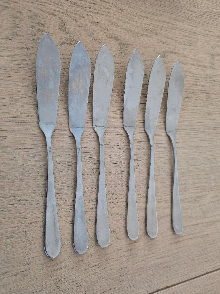 6 Vismessen van Sola 18/10 ca 20 cm, Ophalen of Verzenden, Zo goed als nieuw, Rvs of Chroom