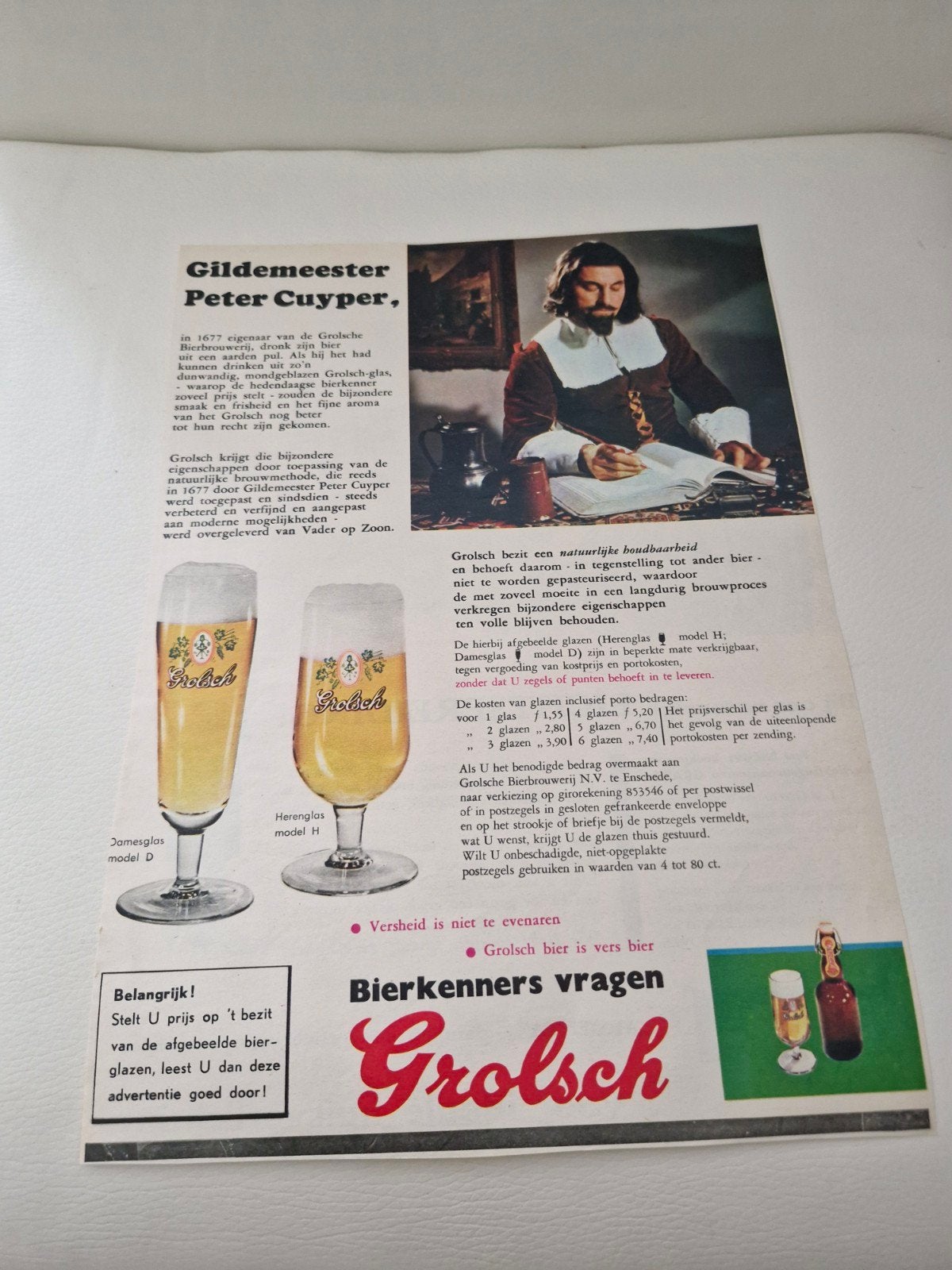 Vintage Grolsch Advertentie - Peter Cuyper & Bierglazen, Verzamelen, Ophalen of Verzenden, Gebruikt, Overige typen