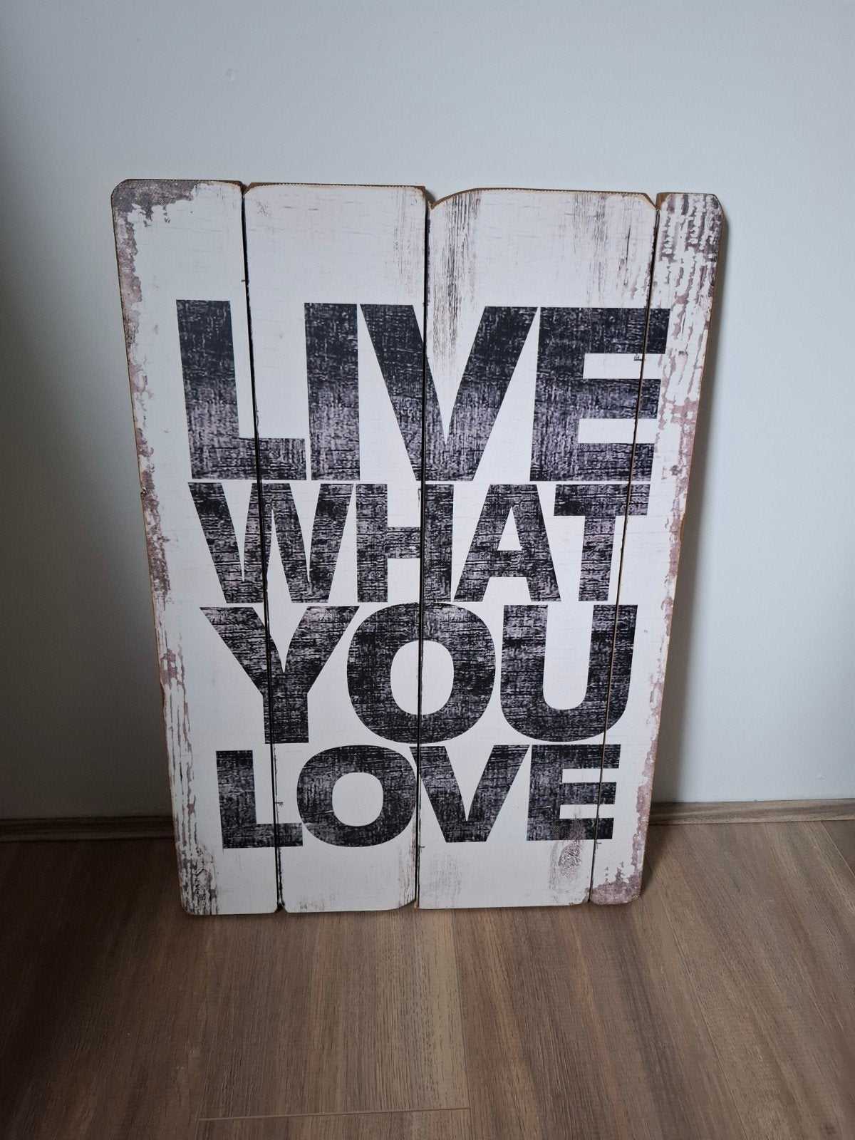 Houten wanddecoratie 'Live What You Love', Ophalen, Gebruikt, Hout, Vintage