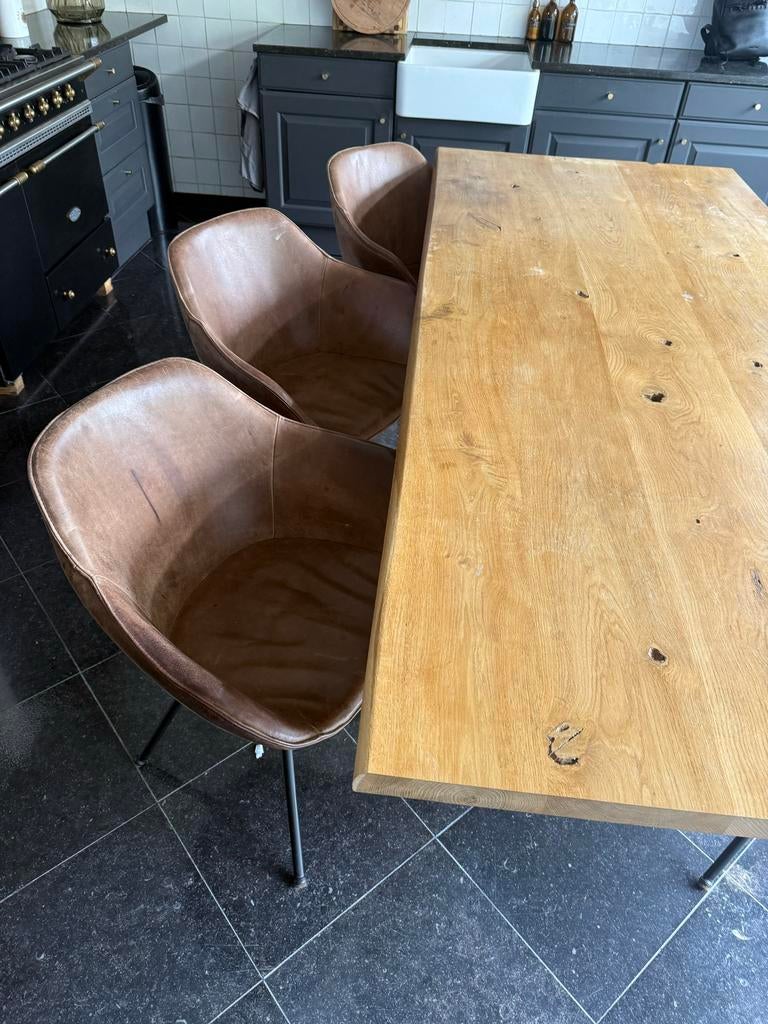 6 leren kuip stoelen met echt kenia leder van DYYK/Montel, Ophalen, Gebruikt, 100 tot 150 cm, Eikenhout