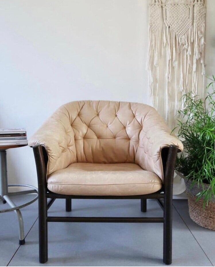 Vintage Design Göte Möbler - Gunnar Kentemo FAUTEUIL - STOEL, Huis en Inrichting, Ophalen, Gebruikt, Vintage leren fauteuil strak modern