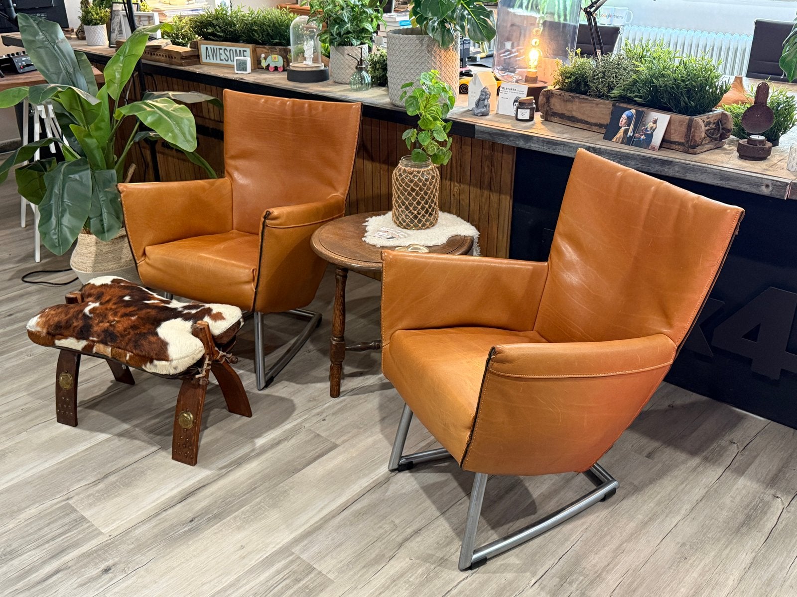 Gerard van den Berg | Label Foxy 2 stoelen | Leder | Cognac, Huis en Inrichting, Stoelen, Gebruikt, Twee, Bruin, Leer