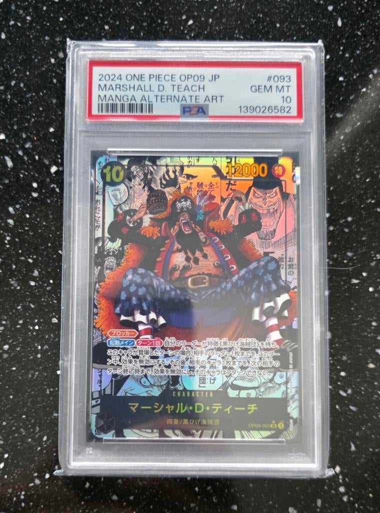 One Piece Manga art. MARSHALL D. TEACH OP09-093 JP. Psa 10, Ophalen of Verzenden, Zo goed als nieuw, Losse kaart, Foil