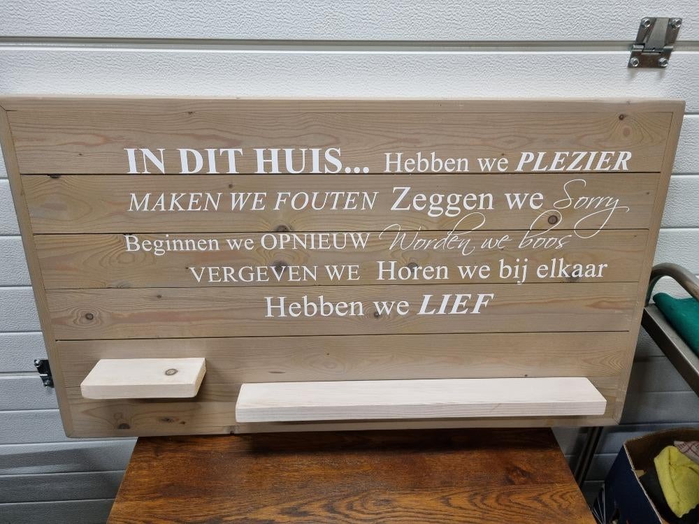 wandbord decoratief met huisregels steigerhout, Huis en Inrichting, Woonaccessoires | Wanddecoraties, Ophalen of Verzenden, 'T Olde Gre-j