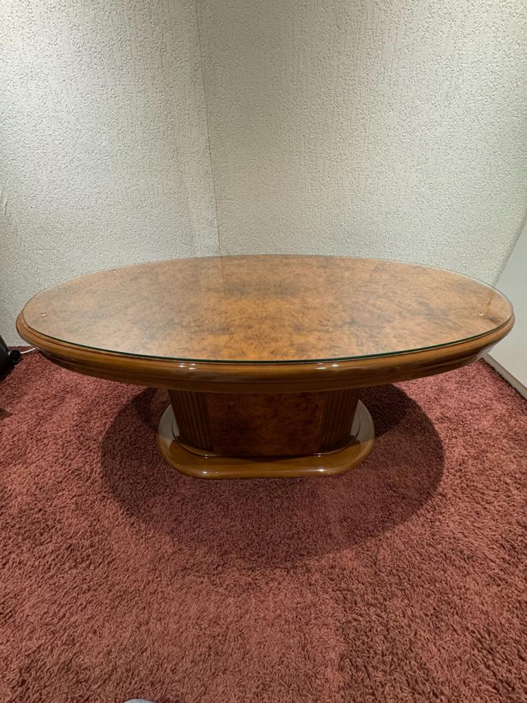 Luxe notenhouten / kersenhouten salontafel met glasplaat, 100 tot 150 cm, Zo goed als nieuw, Kersenhout, Ovaal