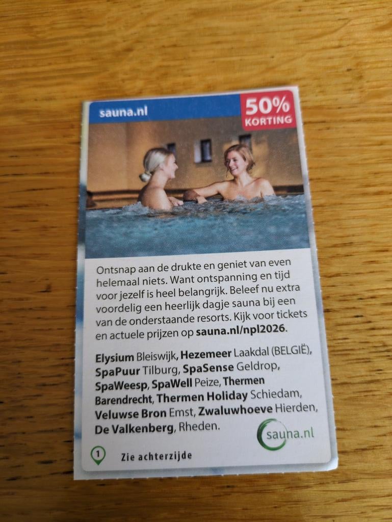 Kortingsbon voor diverse sauna`s 50 % korting, Tickets en Kaartjes, Kortingen en Cadeaubonnen, Eén persoon, Kortingsbon, Spa of Sauna