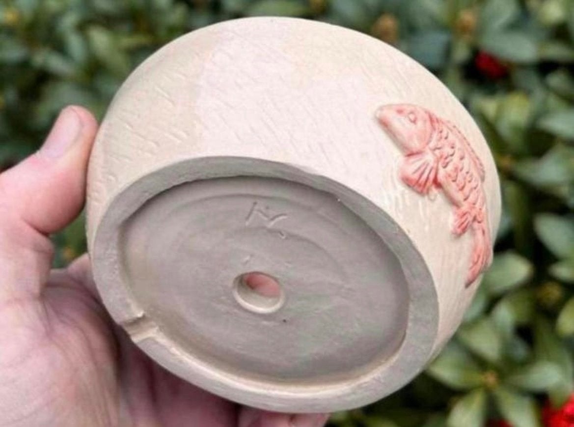 Bonsai pot rond handgemaakt crème met rode vis 11,6x4,2, Tuin en Terras, Bloempotten, Rond, Nieuw, Ophalen of Verzenden, Aardewerk