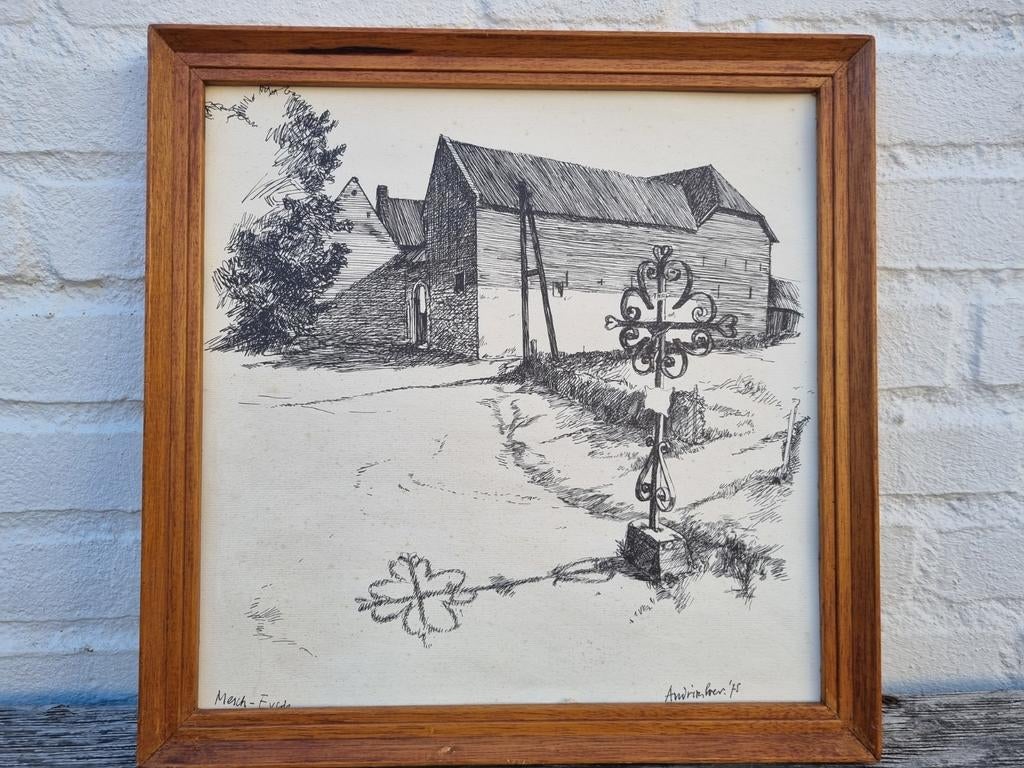 Tekening Mesch, Eysden in Limburg,  in houten lijst, Minder dan 50 cm, Gebruikt, Ophalen of Verzenden, Minder dan 50 cm