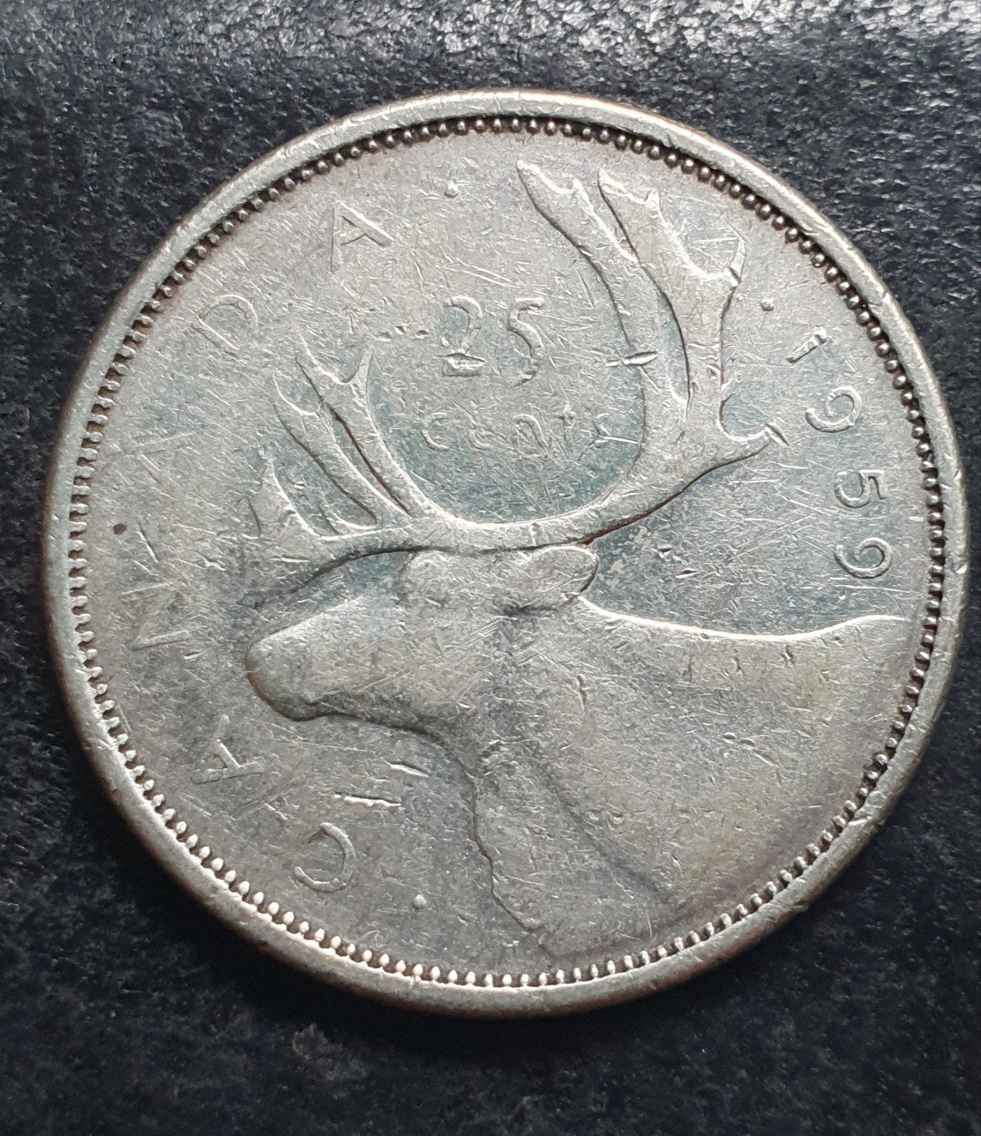 Oude zilveren 25 cent munt uit 1959 Canada., Ophalen of Verzenden, Noord-Amerika, Losse munt, Zilver