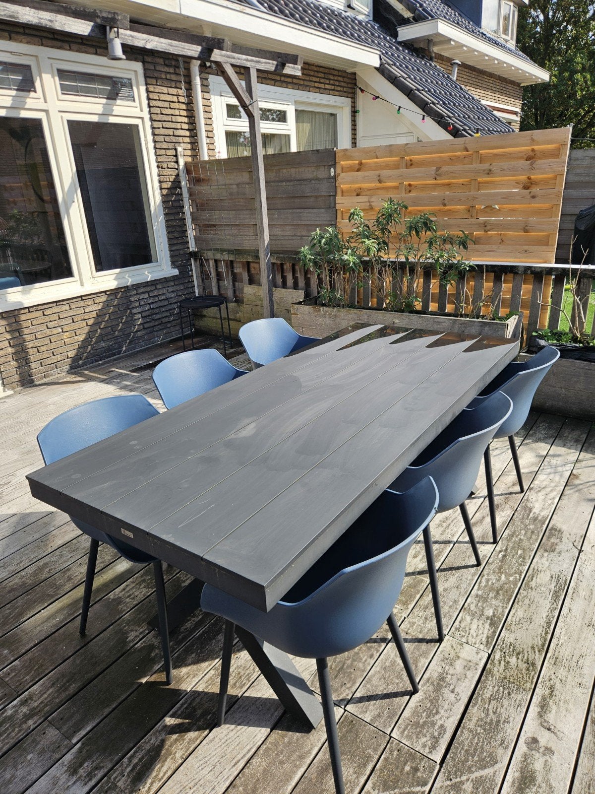 Moderne tuintafel met 6 bijpassende stoelen, Ophalen, Zo goed als nieuw, Rechthoekig, Kunststof