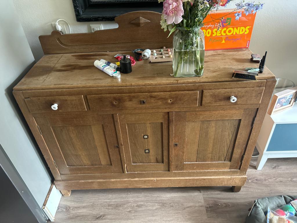 Antieke houten kast met lades en deuren, Ophalen, Gebruikt, 25 tot 50 cm