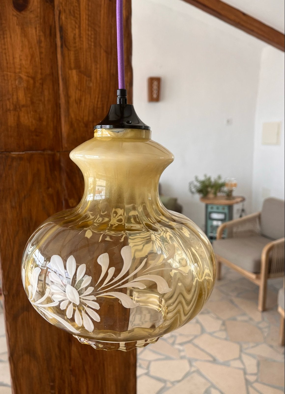 Vintage Handbeschilderde Portugese Amberkleurige Lamp, Ophalen of Verzenden