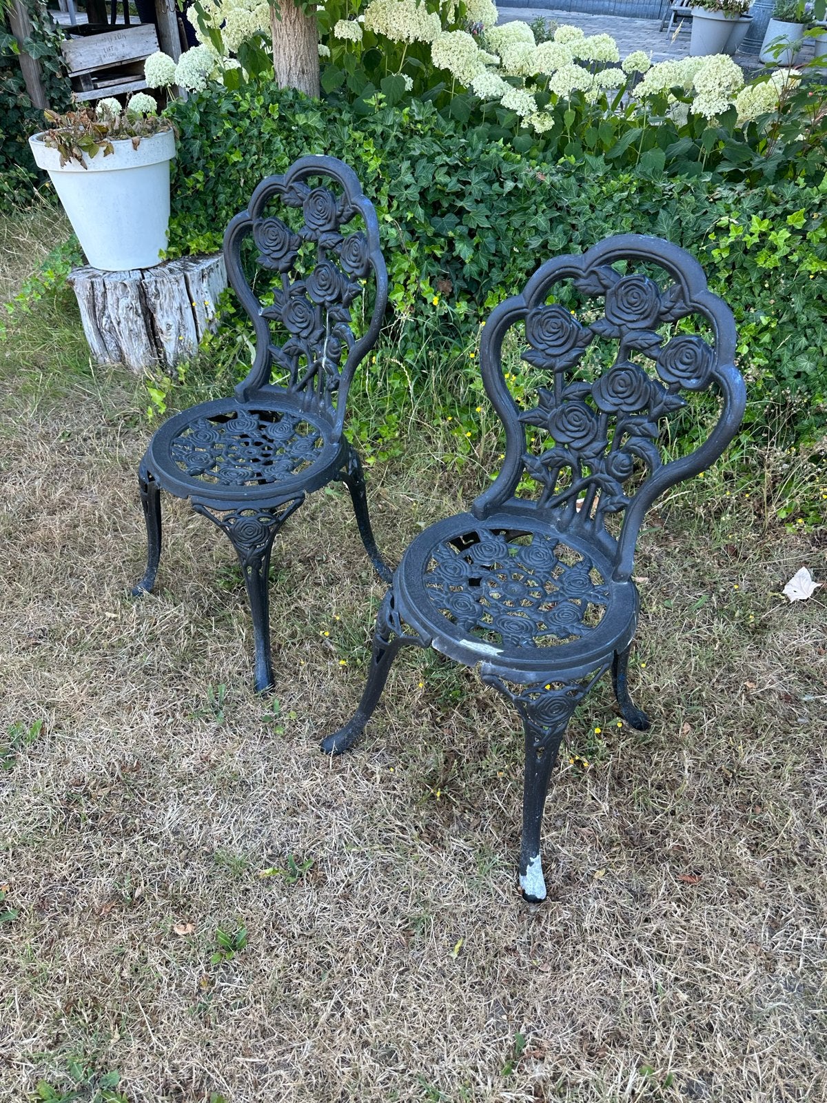Set van 2 gietijzeren tuinstoelen met rozenmotief, Ophalen, Zo goed als nieuw, Metaal