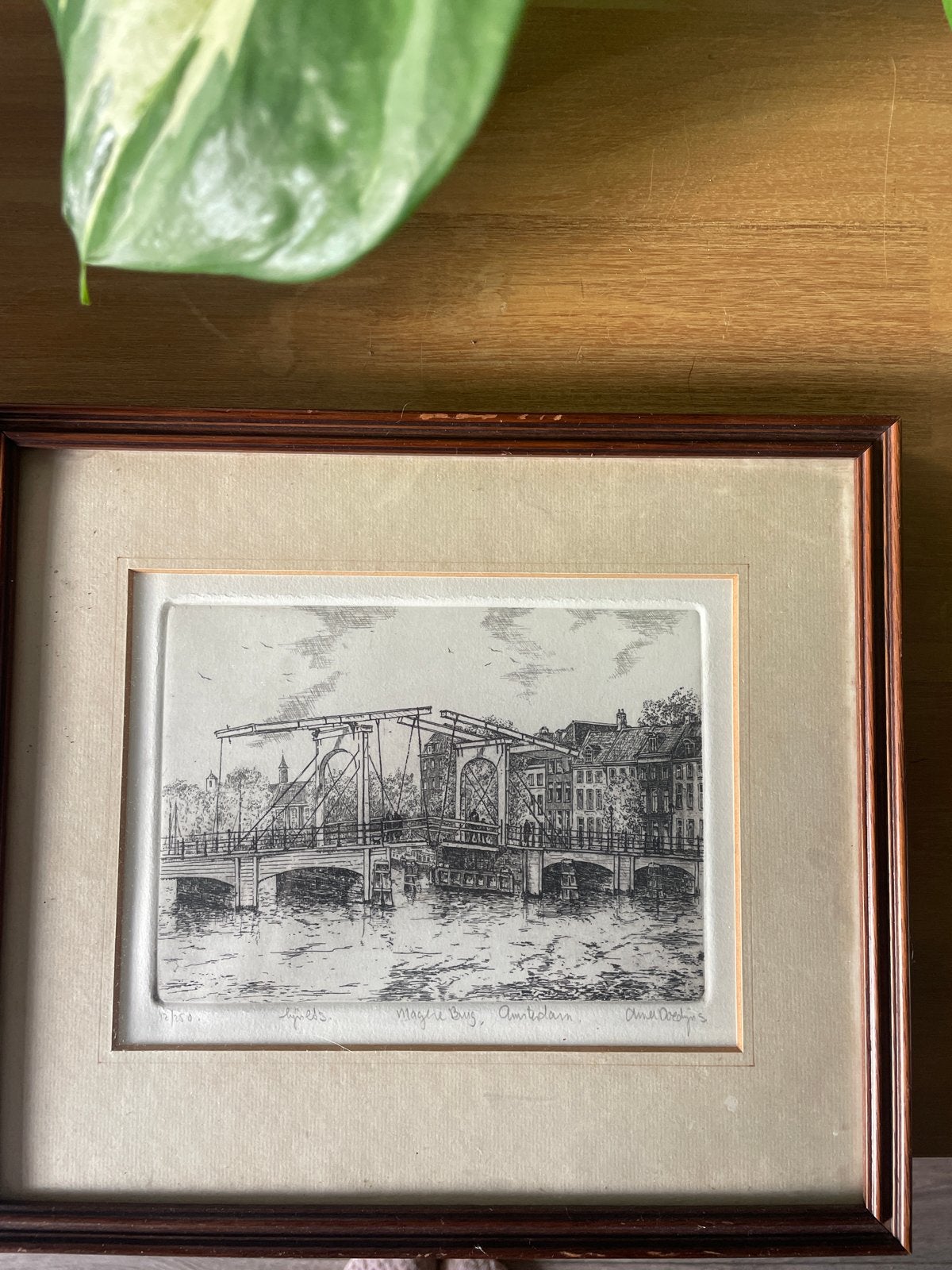 Ets Magere Brug Amsterdam, gesigneerd, Stadsgezicht, Ophalen of Verzenden, Gesigneerd, 1950 - 1999