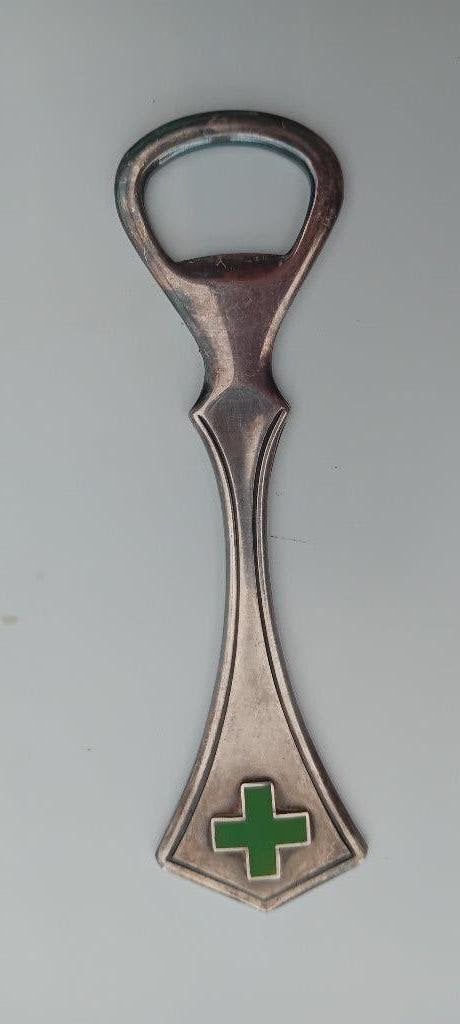 Verzilverde Flesopener met Groene Kruis, Antiek en Kunst, Ophalen of Verzenden