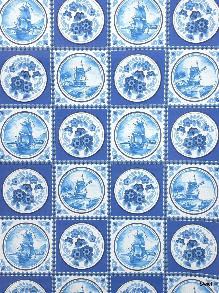 3714 Delftsblauw tegelbehang met schip en molen retro swiet, Ophalen of Verzenden, Blauw