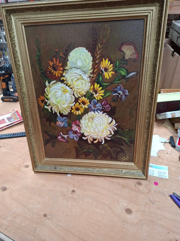 Vintage bloemenschilderij in gouden lijst, Ophalen of Verzenden