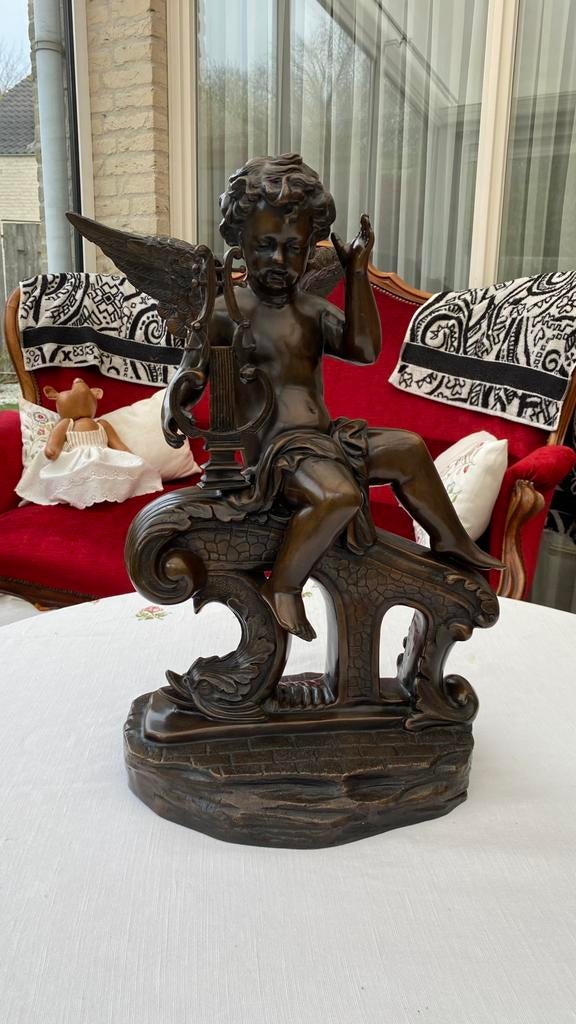 Antiek Bronzen Beeld Engel met Harp, Ophalen of Verzenden, Brons