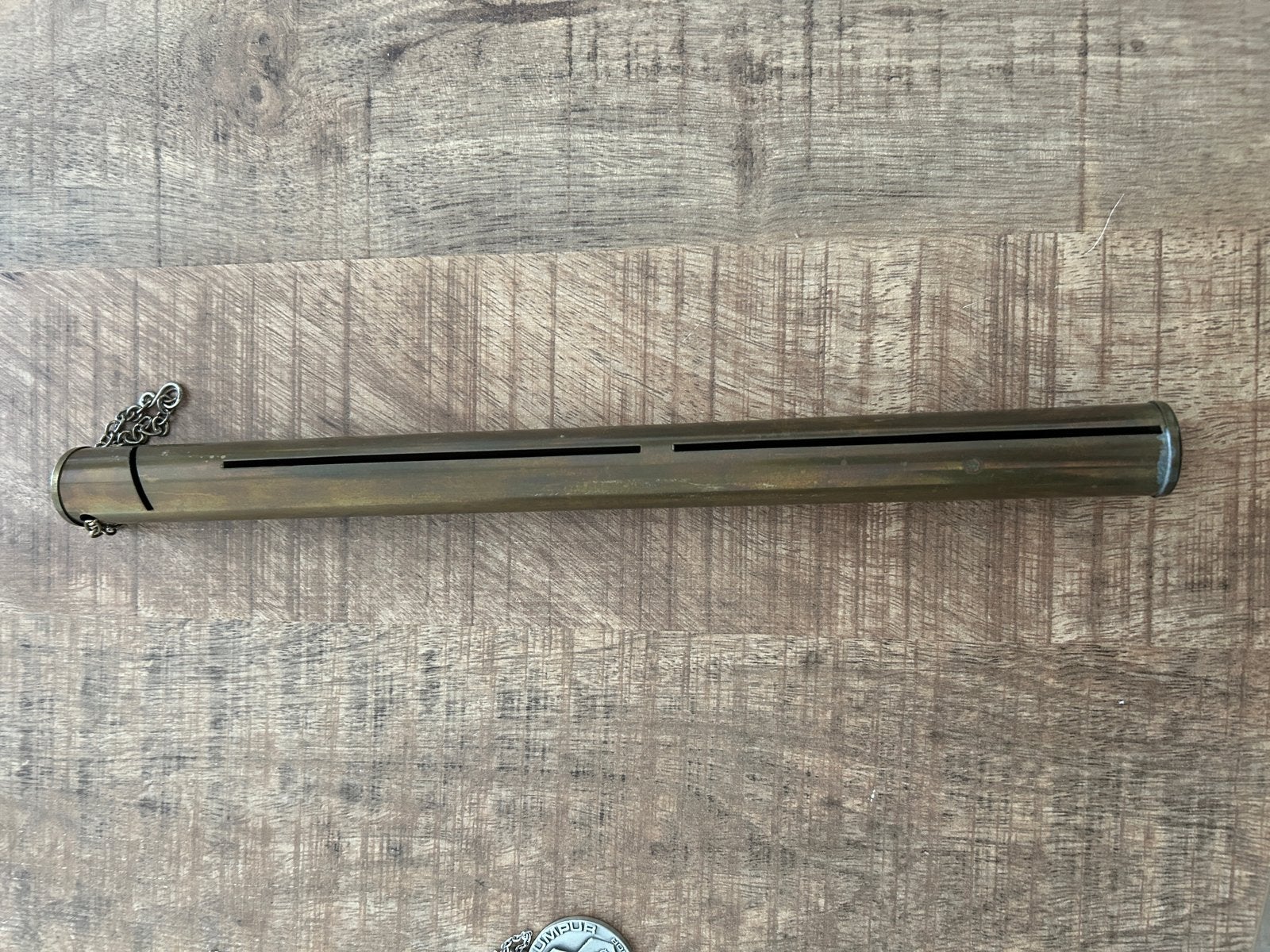 Antieke koperen geldkoker met ketting, Ophalen of Verzenden