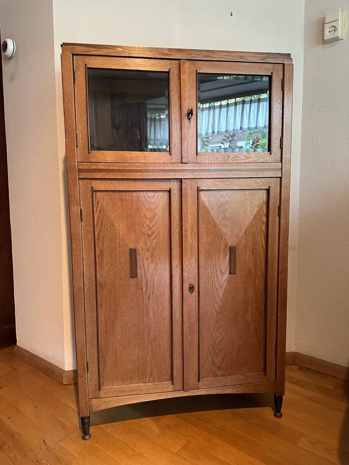 Vintage eiken servieskast / voorraadkast met glas – 140 cm, Ophalen, 50 tot 100 cm, Glas, 150 tot 200 cm