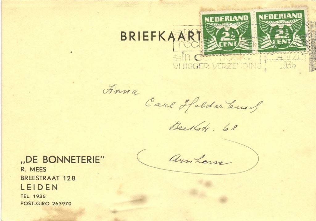 De Bonneterie, R. Mees, Leiden - 04.1936 - briefkaart, Ophalen of Verzenden, Briefkaart