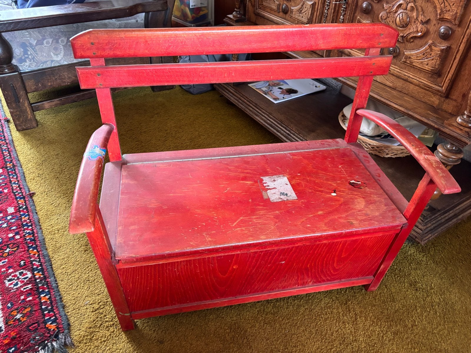 Vintage rode kinderbank met opbergruimte, Antiek en Kunst, Ophalen