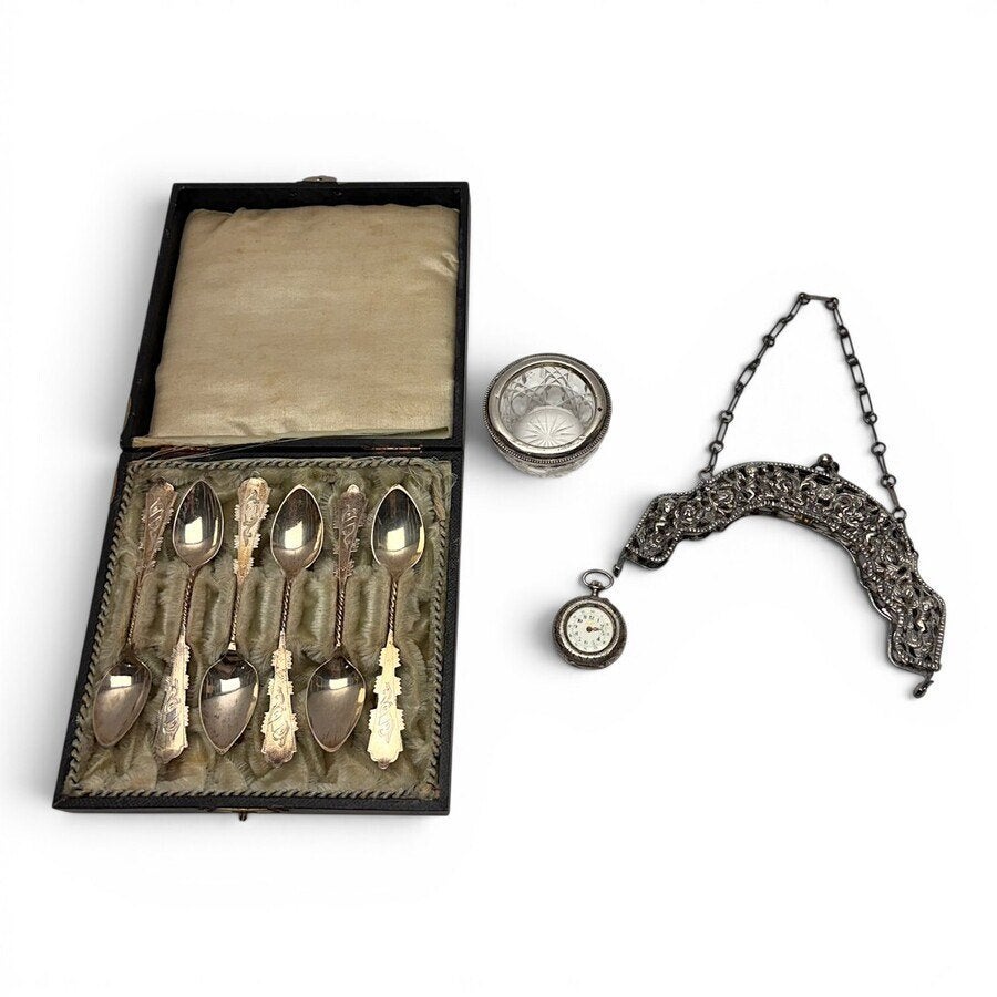 Lot divers zilver waaronder tasbeugel en zes theelepels, Ophalen of Verzenden, Zilver