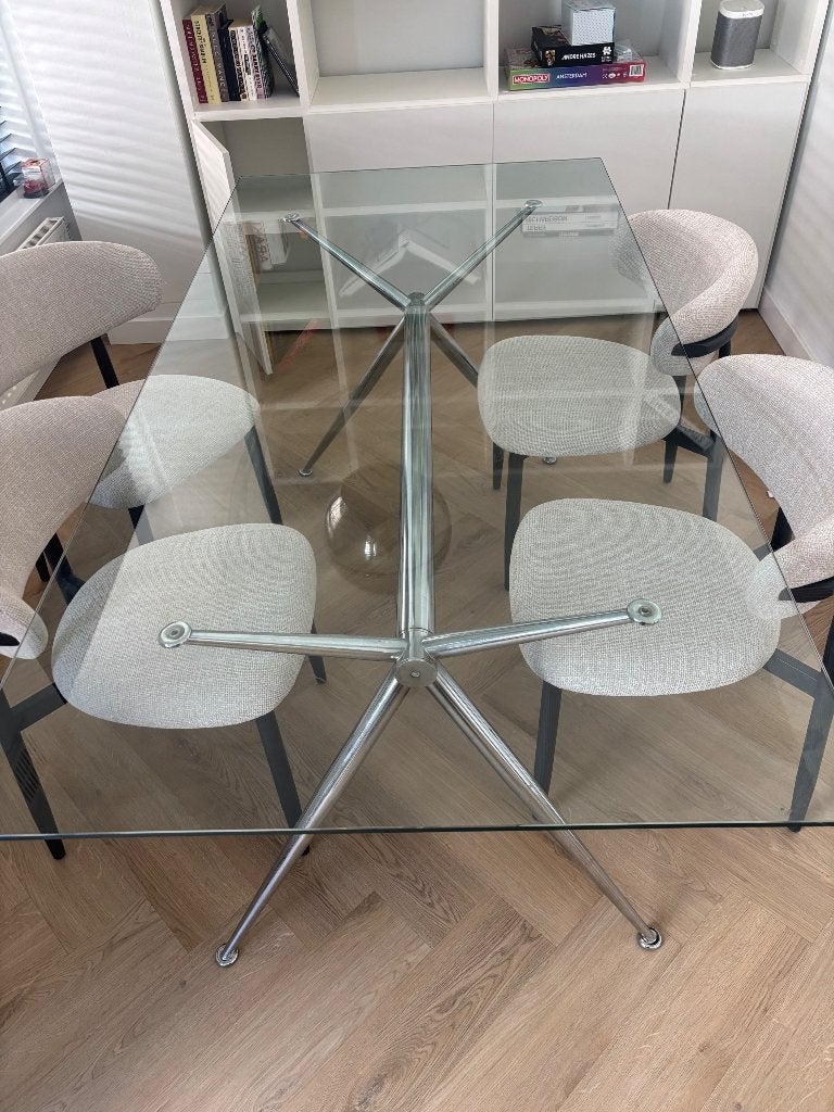 Glazen designtafel met metalen onderstel – 180  90 cm, Huis en Inrichting, Ophalen, Gebruikt, 50 tot 100 cm, Glas