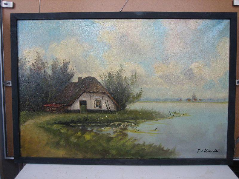 J van Leeuwen Witte boerderij aan het water, Antiek en Kunst, Kunst | Schilderijen | Klassiek, Ophalen