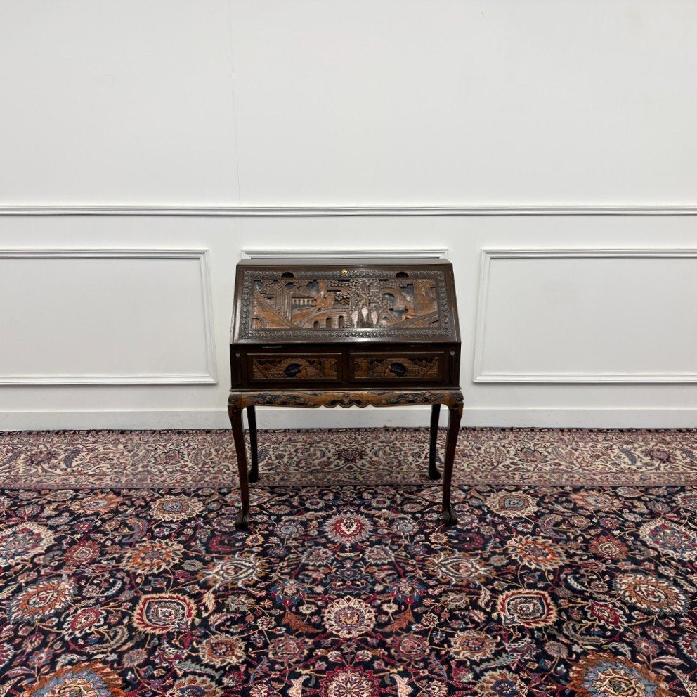 Antieke Aziatische Secretaire met houtsnijwerk, Ophalen of Verzenden