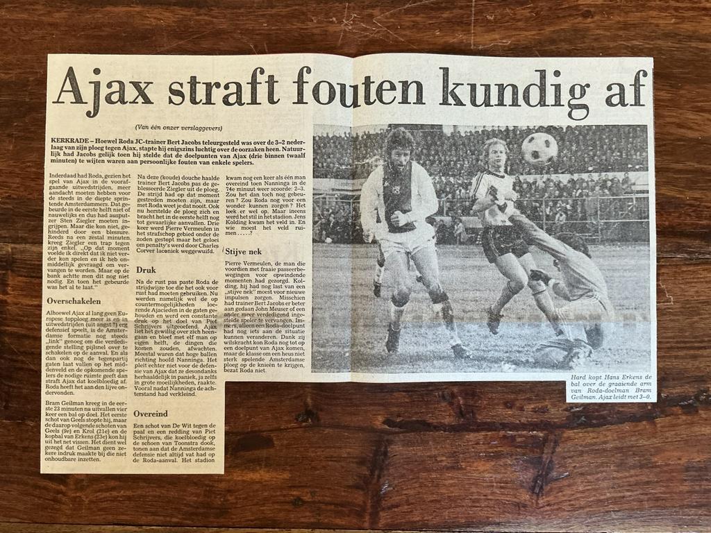 Voetbal krantenartikel Roda JC Ajax december 1976, Ophalen of Verzenden, Knipsel(s)