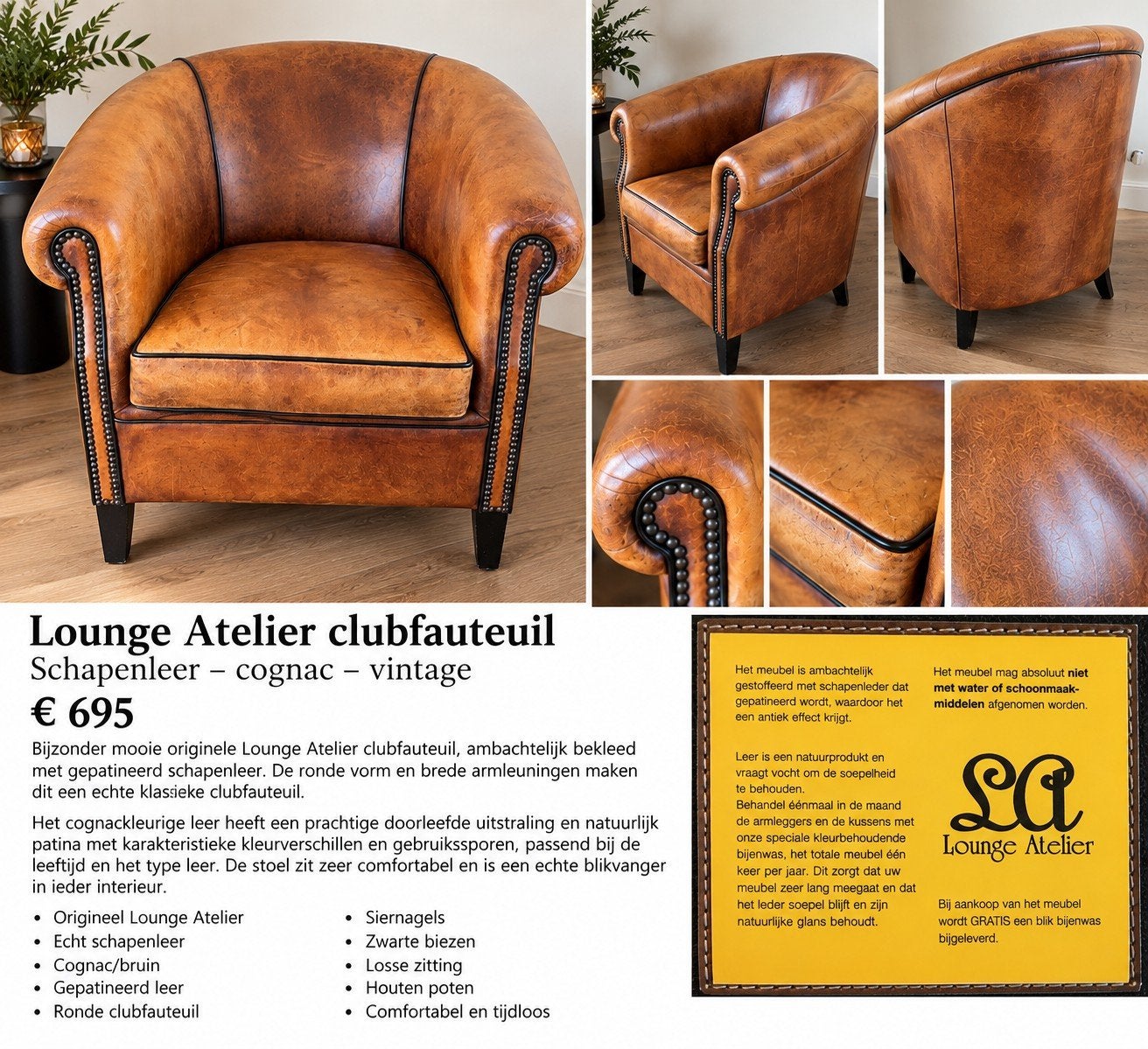 Lounge Atelier Clubfauteuil Schapenleer Cognac Vintage, Gebruikt, Ophalen of Verzenden, 75 tot 100 cm, 75 tot 100 cm