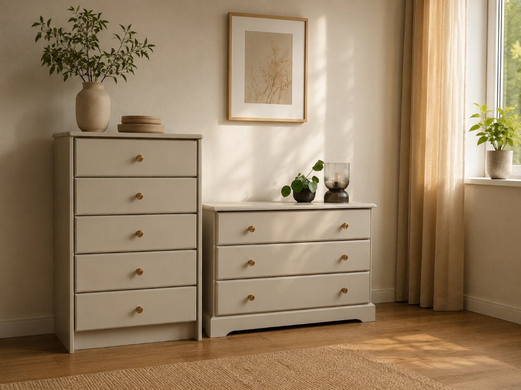 2 stijlvolle crème ladekasten met messing knoppen, Ophalen, 5 laden of meer, Nieuw, 50 tot 100 cm