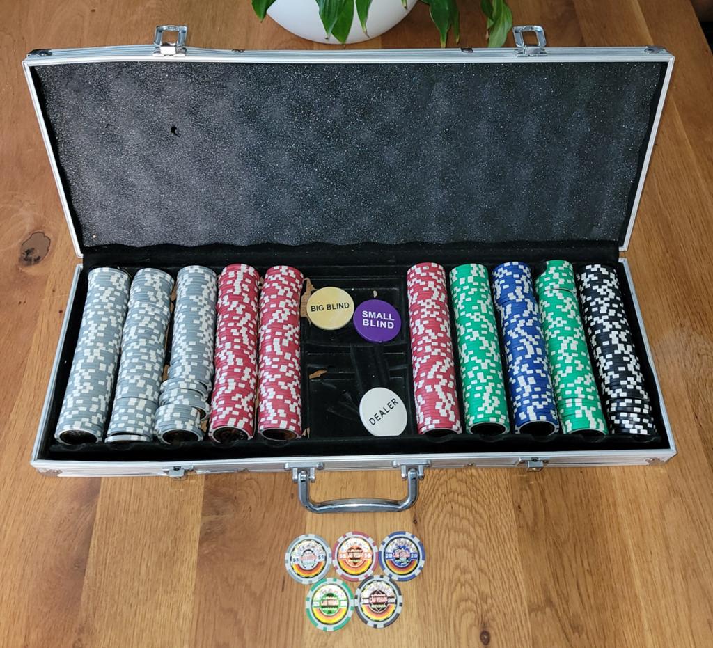 Zeer luxe pokerset met 500 poker fiches met waardeopdruk!, Vijf spelers of meer, Ophalen of Verzenden, Gebruikt