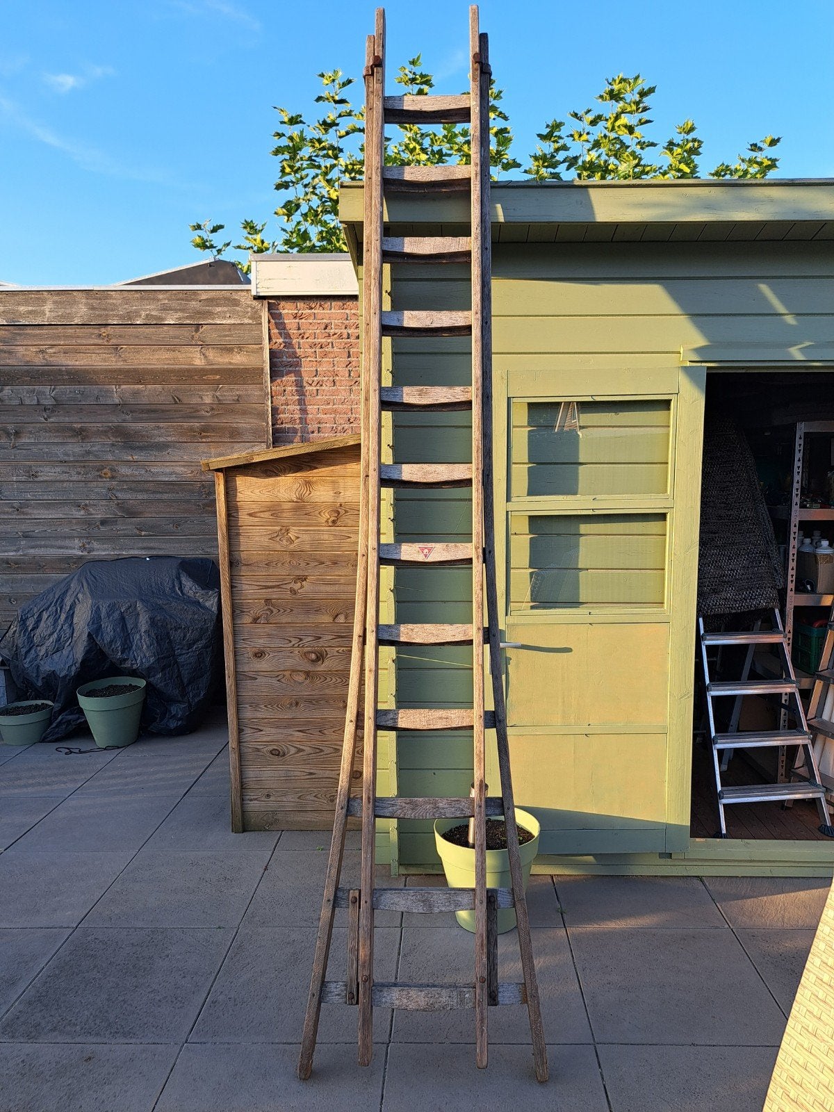 Wienese houten dubbele ladder - ca. 7 meter hoog, Doe-het-zelf en Verbouw, Ophalen, Gebruikt, Ladder, 4 meter of meer