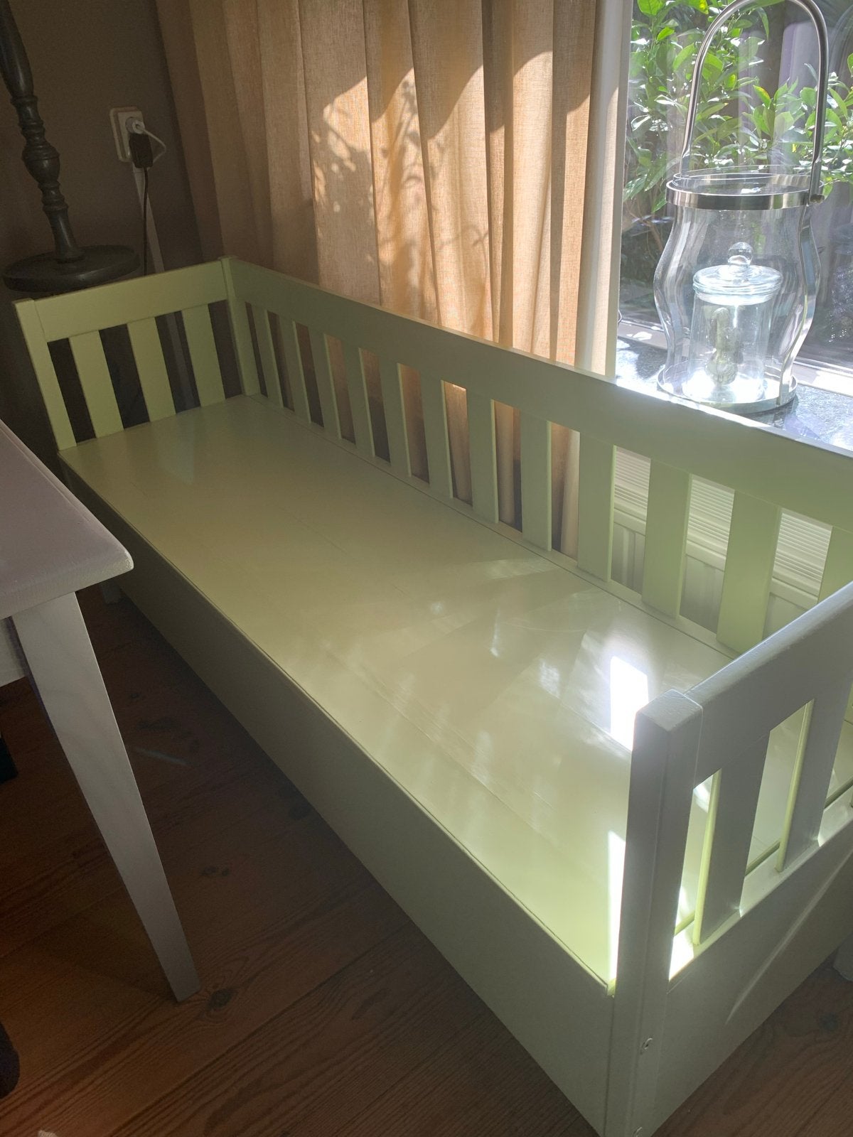 Lichtgroene houten bank met opbergruimte, Ophalen, Gebruikt, Overige maten, Minder dan 75 cm