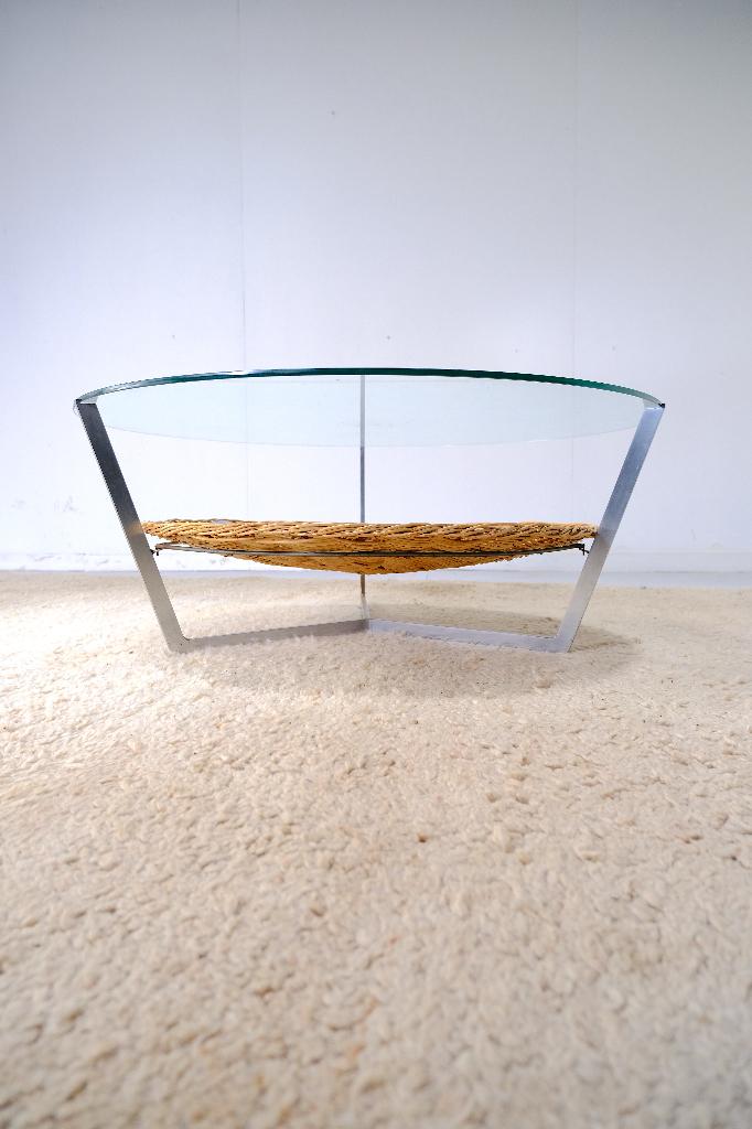 Salontafel (glas, chrome, rotan, rond), Huis en Inrichting, Tafels | Salontafels, Ophalen, Modern, mid century, bauhaus, Rond