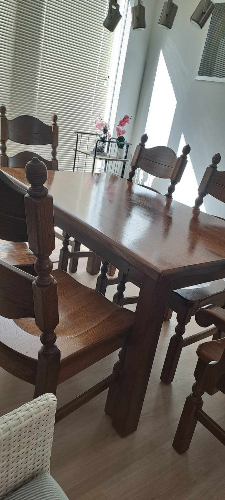 Massief eiken eettafel met 6 stoelen, Antiek en Kunst, Ophalen