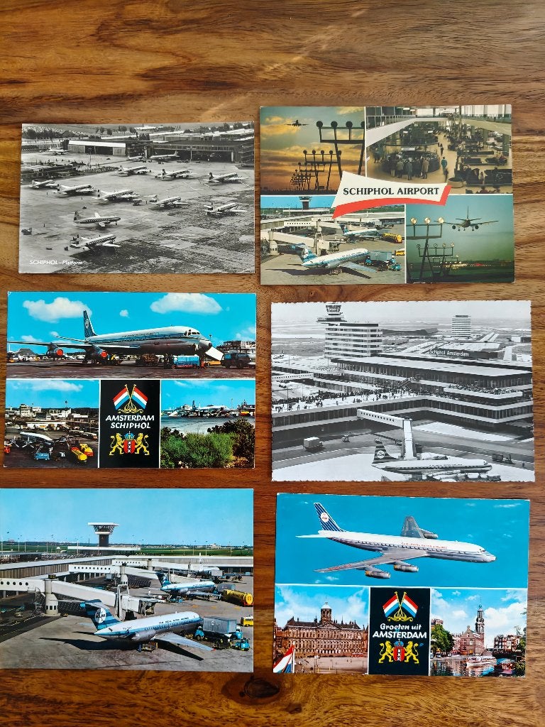 6 vintage ansichtkaarten Schiphol, Verzamelen, Ansichtkaarten | Nederland, Ophalen of Verzenden, 1960 tot 1980, Ongelopen, Noord-Holland