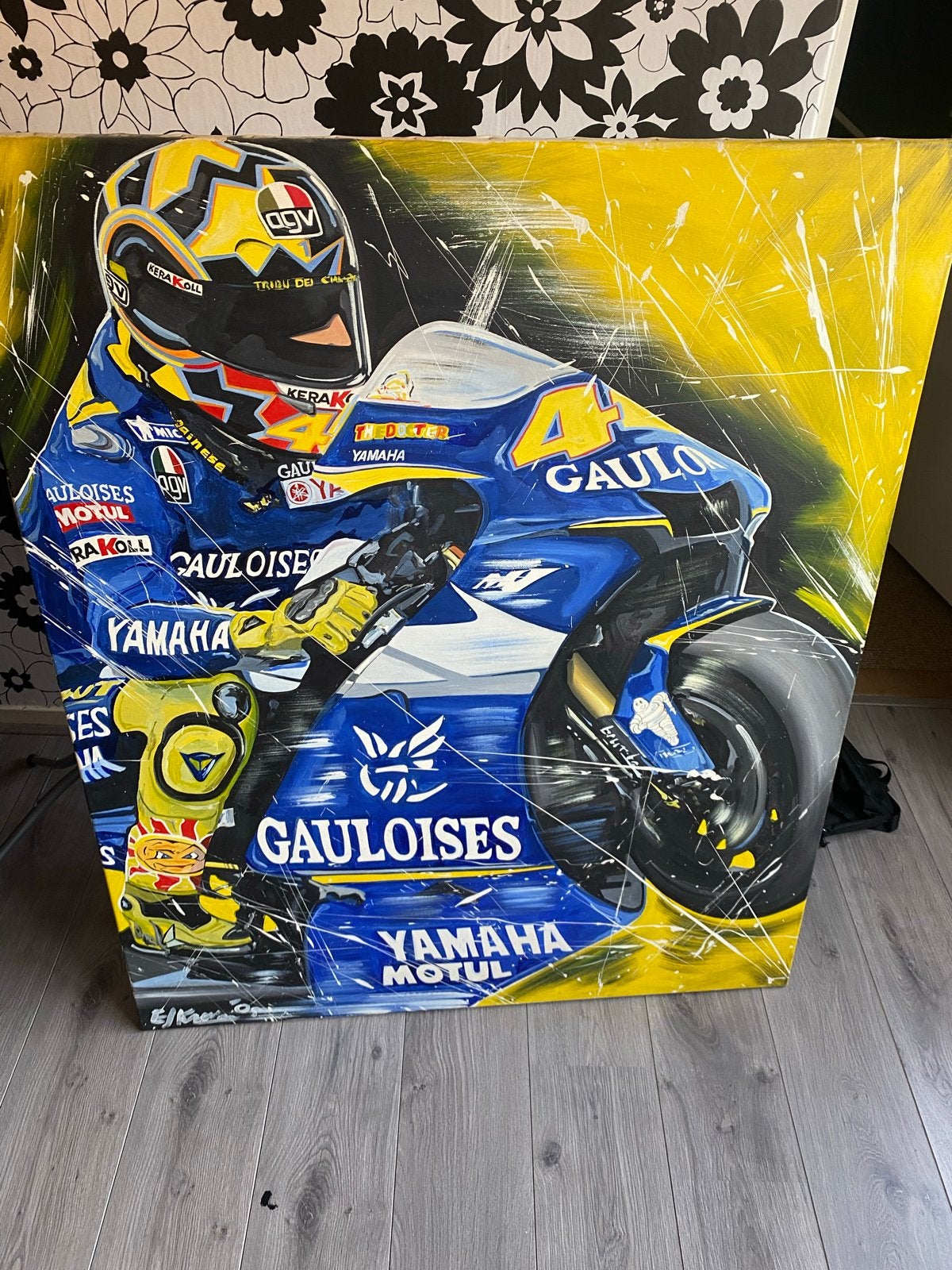 Modern Schilderij Valentino Rossi Yamaha MotoGP, Acrylverf, Handgeschilderd, Textiel, Ophalen